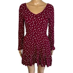 Hollister Boho Red & White Floral V-Neck Long Sleeve Tie Back Short Mini Dress